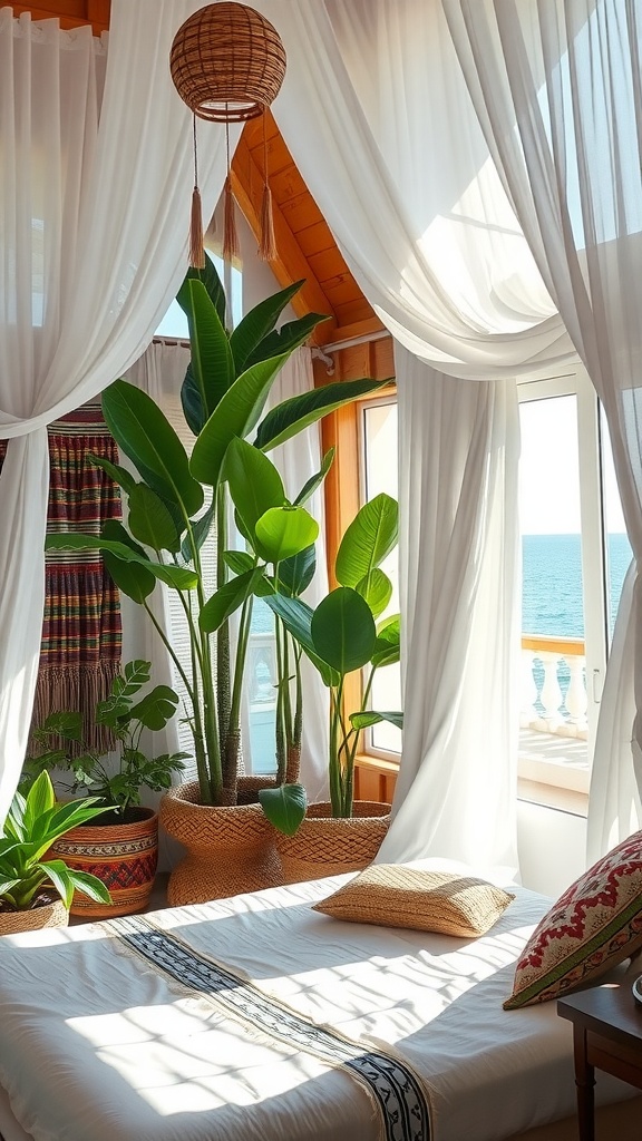 A breezy bohemian bedroom with white curtains, lush plants, and a view of the ocean.