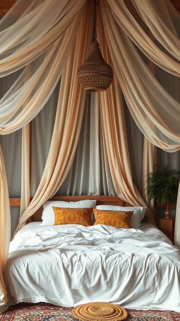 Cozy bohemian bedroom with a soft bed canopy and vibrant cushions