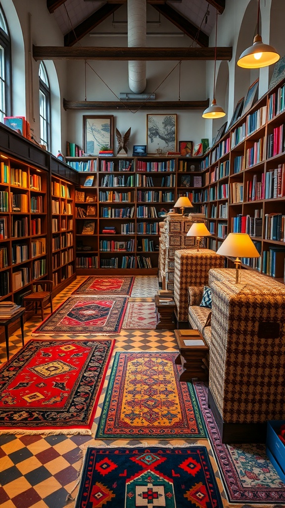 Colorful bohemian rugs in a cozy library with bookshelves
