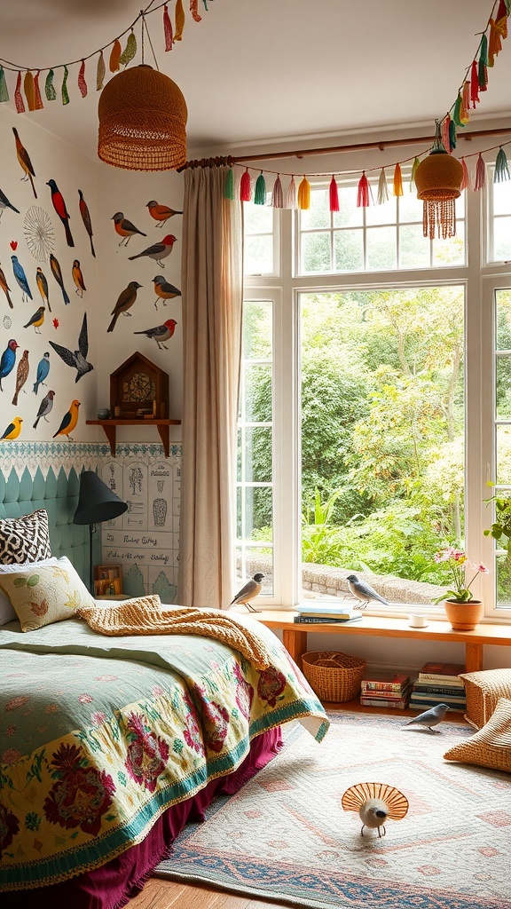 A Bohemian style bedroom for kids with bird-themed wallpaper, colorful tassels, and natural light.