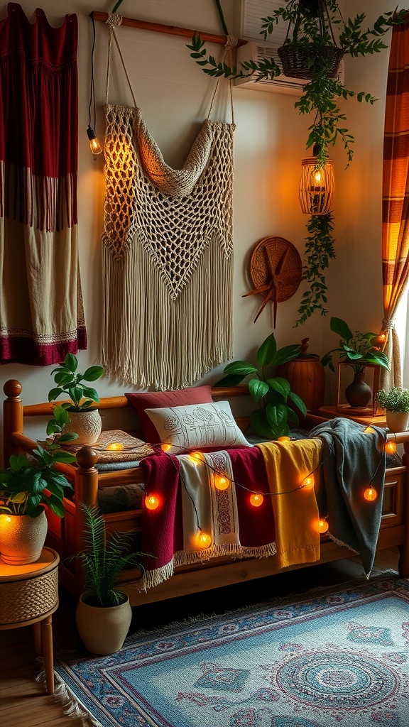 Cozy bohemian style bedroom with macramé wall hanging, colorful throws, plants, and warm lighting.