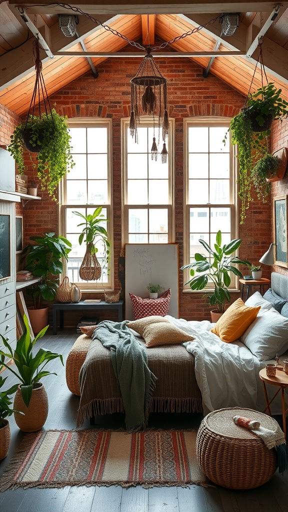 Cozy bohemian loft bedroom with brick walls, plants, and natural light