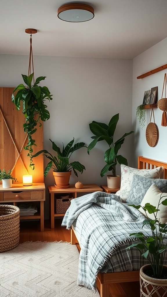 A cozy Scandi Boho bedroom with wooden furniture, plants, and warm lighting