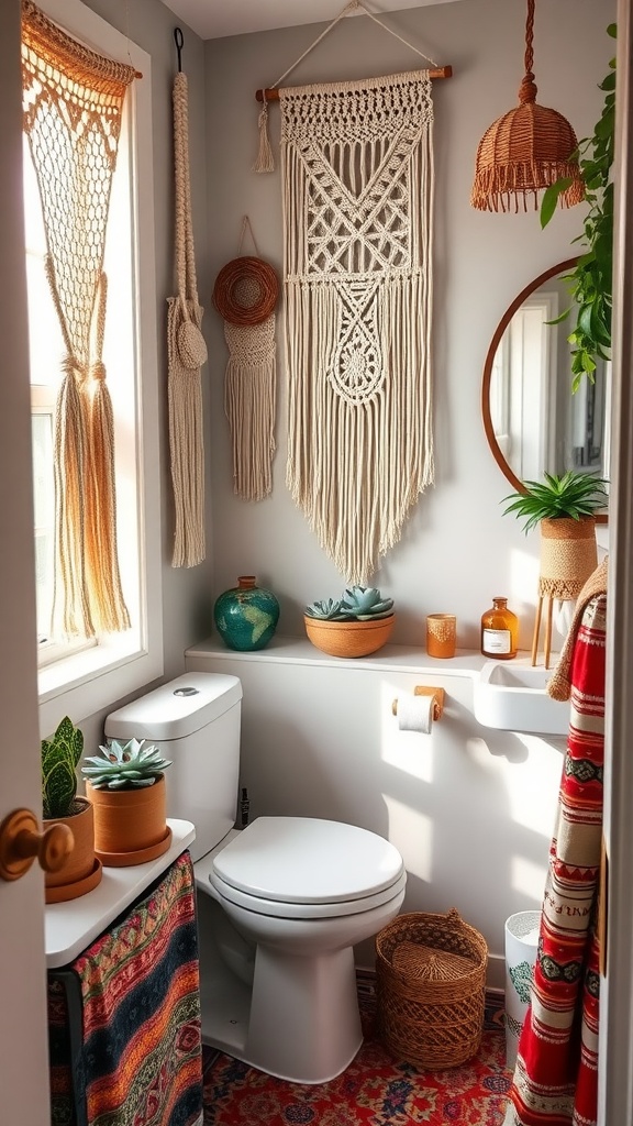 Small bathroom with macramé wall hangings, plants, and a colorful rug