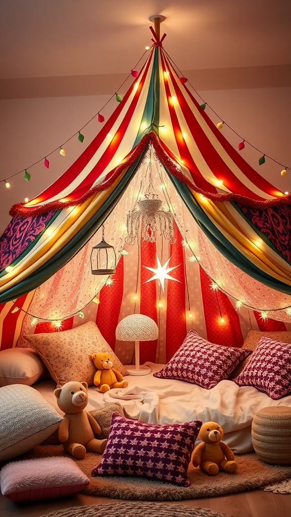 Cozy circus-themed bedroom tent with colorful drapes, plush toys, and soft pillows.