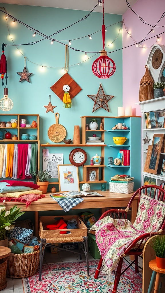 A colorful crafts corner with a wooden desk, bright textiles, and decorative lights, designed for toddlers.