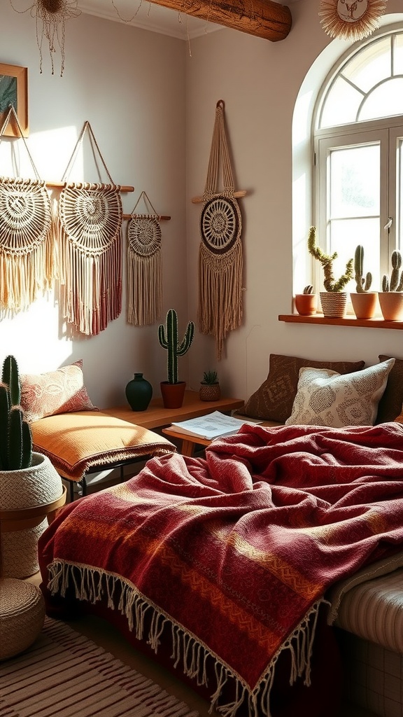 Cozy bohemian style bedroom with macramé wall hangings, red blanket, and cacti.