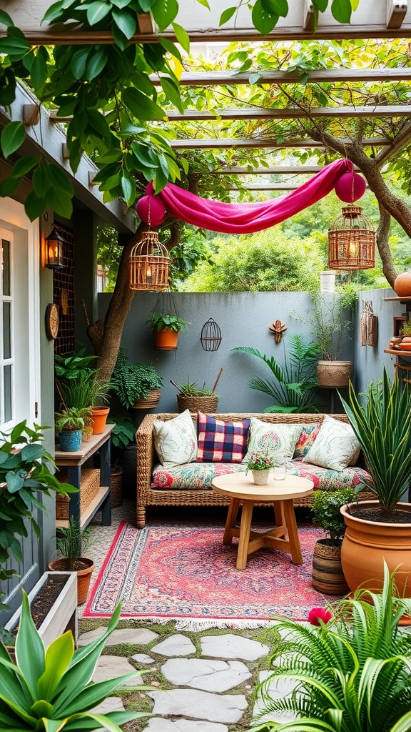 A cozy bohemian styled garden area with a sofa, colorful cushions, and plants.