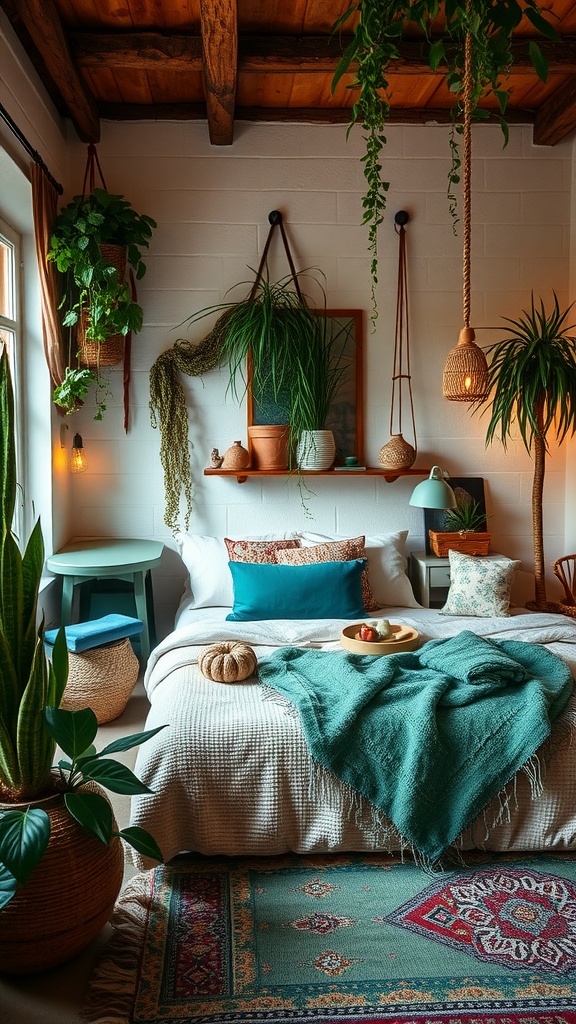 A cozy bohemian bedroom featuring green and terracotta decor, plants, and a textured bedspread.