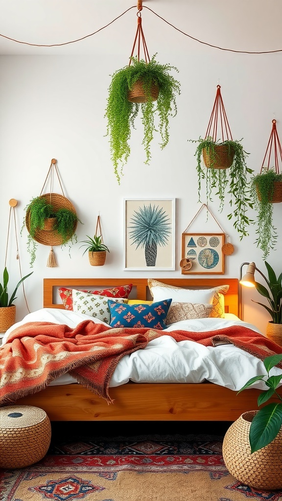 Boho style bedroom featuring a wooden bed with colorful pillows, a blanket, hanging plants, and decorative wall art.