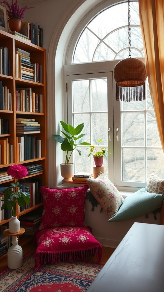 A cozy library corner with colorful window cushions, bookshelves, and plants.