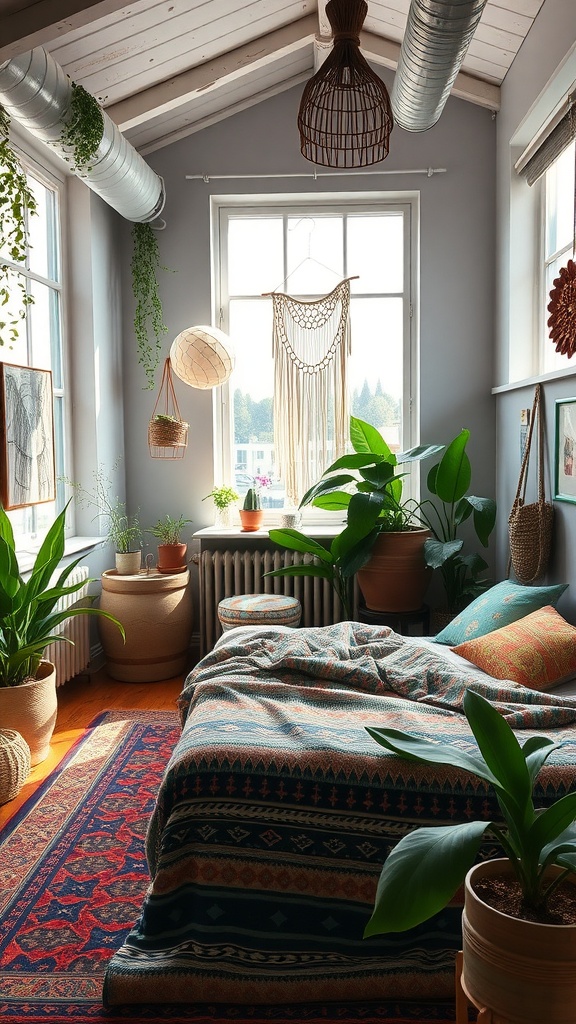 A cozy Bohemian loft bedroom featuring vibrant colors, plants, and a warm atmosphere.