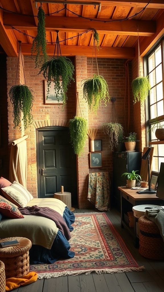 A cozy bohemian loft bedroom with hanging plants, a comfortable bed, and warm wooden elements.