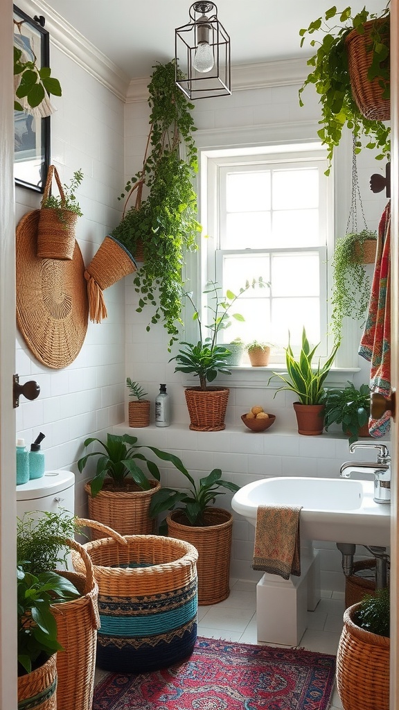 Aesthetic bathroom design featuring plants, woven baskets, and natural decor.