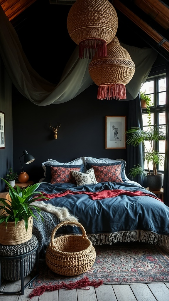 A cozy black boho bedroom with woven pendant lights, a comfortable bed, decorative pillows, plants, and woven baskets.