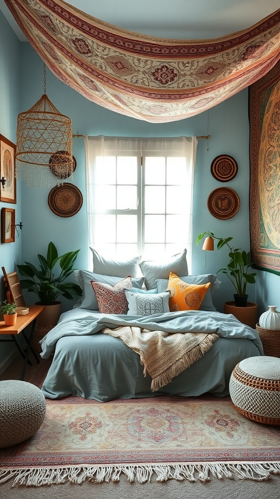 A cozy light blue boho bedroom featuring a bed with colorful pillows, a tapestry on the ceiling, and plants for decoration.