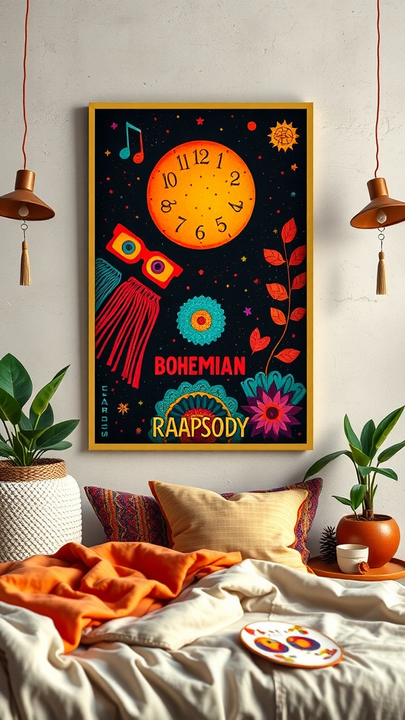 A colorful Bohemian Rhapsody poster featuring a whimsical clock, flowers, and stars, hanging in a cozy bedroom.