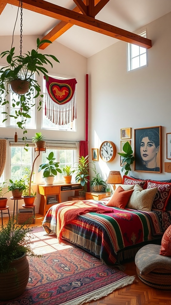 A bohemian style bedroom featuring high ceilings, colorful textiles, plants, and artistic decor.