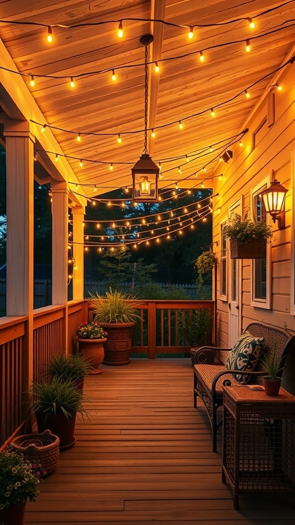 A cozy back porch adorned with warm string lights, featuring potted plants and wicker furniture.