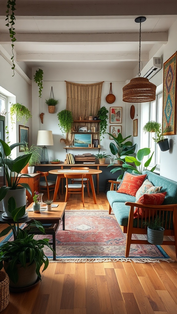 Cozy living room and dining room combo with eclectic decor featuring plants, wooden furniture, and vibrant cushions.