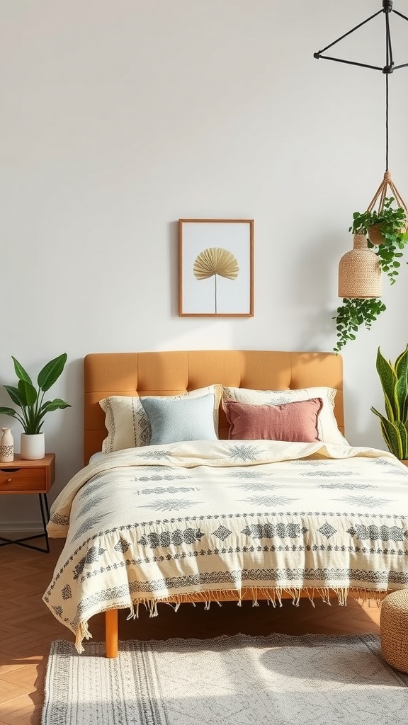 A cozy bedroom featuring a mid-century modern bed with boho-chic bedding, including a patterned throw blanket and colorful pillows, surrounded by plants.