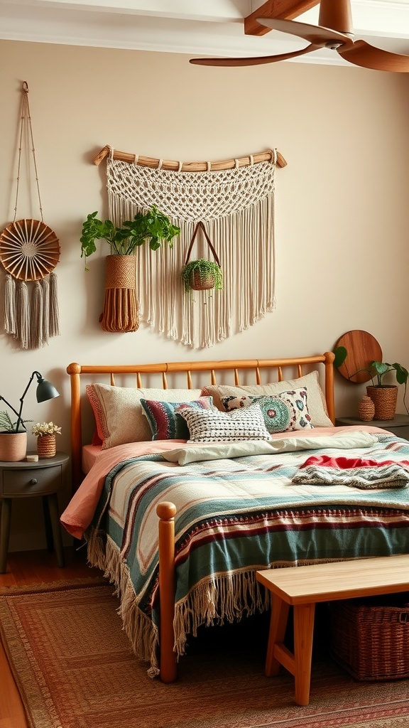 A cozy boho-chic guest bedroom featuring a wooden bed, colorful blankets, macrame wall art, and plants.