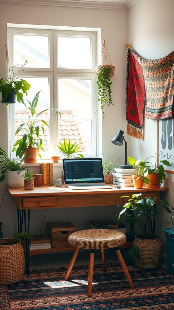 A cozy boho-style workspace featuring a wooden desk with a laptop, surrounded by plants and warm decor.