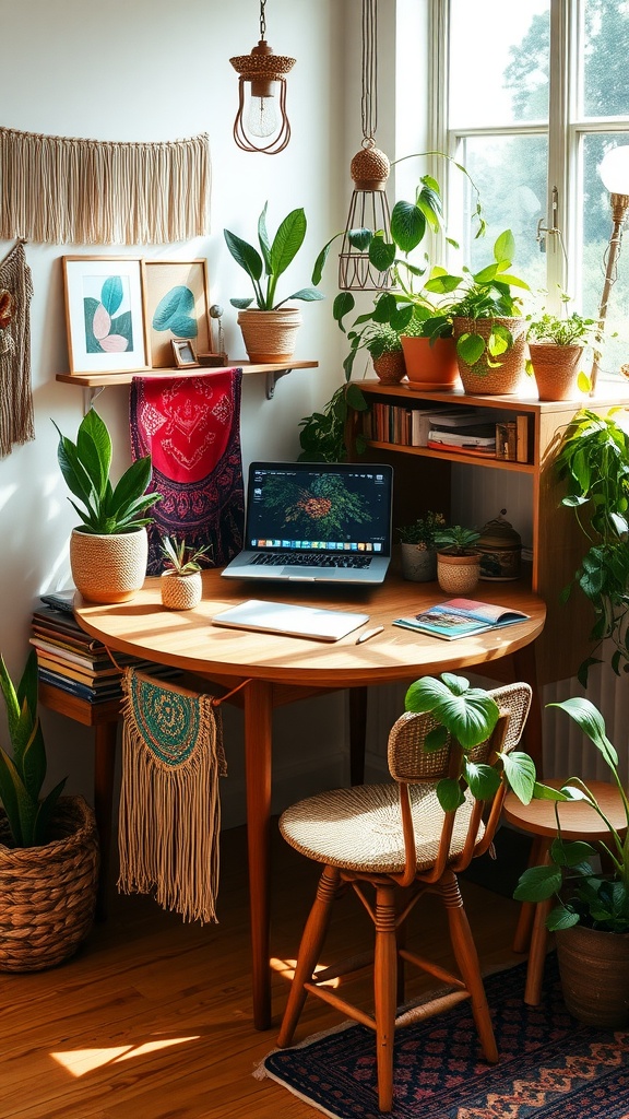 A cozy boho-chic workspace with plants and a wooden desk.