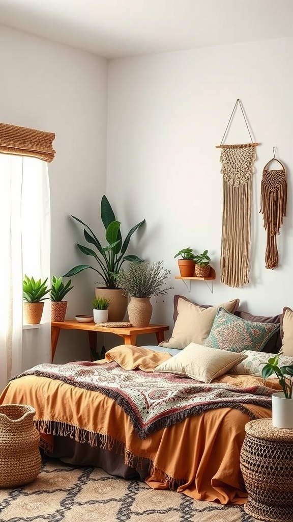 Cozy bedroom with Boho decor featuring orange bedding, plants, and macramé wall hangings.