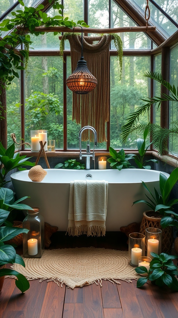 A Boho-inspired bathroom featuring a freestanding tub surrounded by plants, candles, and natural light.