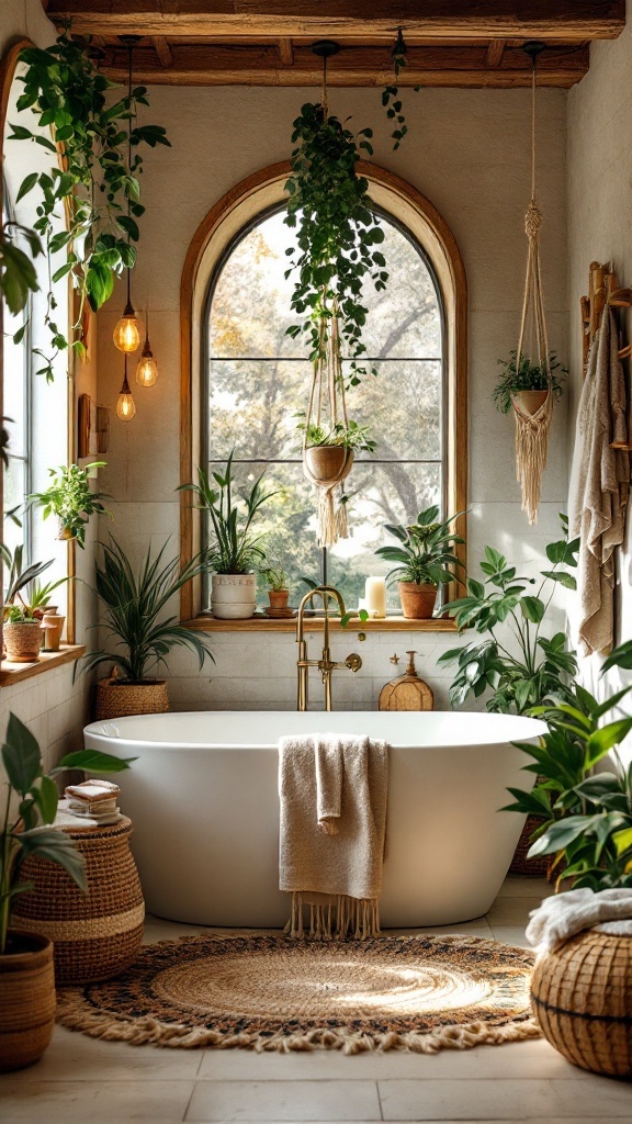 A cozy boho bathroom featuring hanging plants, a freestanding tub, and warm sunlight.