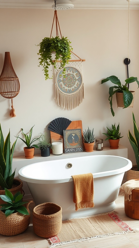 A stylish boho bathroom featuring a white bathtub surrounded by plants and decorative elements.