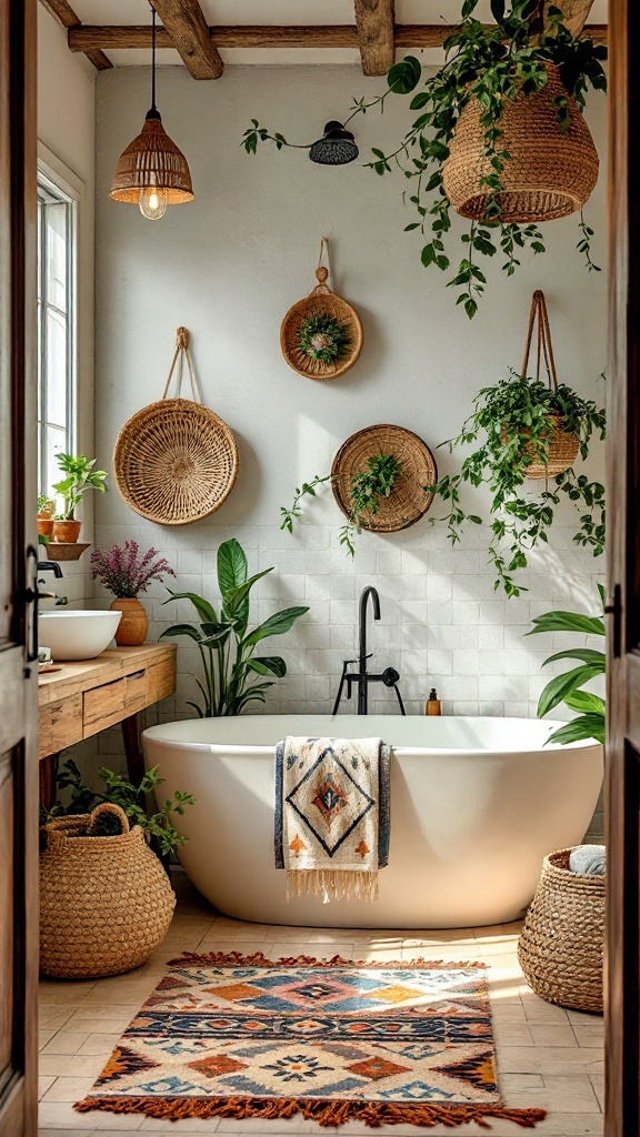 A cozy boho bathroom featuring a freestanding tub, round mirror, lush plants, and woven decor elements.