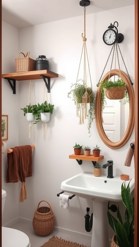 A rustic boho bathroom featuring hanging plants, wooden shelves, a round mirror, and earthy tones.