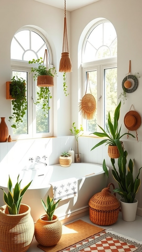 A sunlit boho bathroom featuring plants, woven baskets, and a cozy rug.