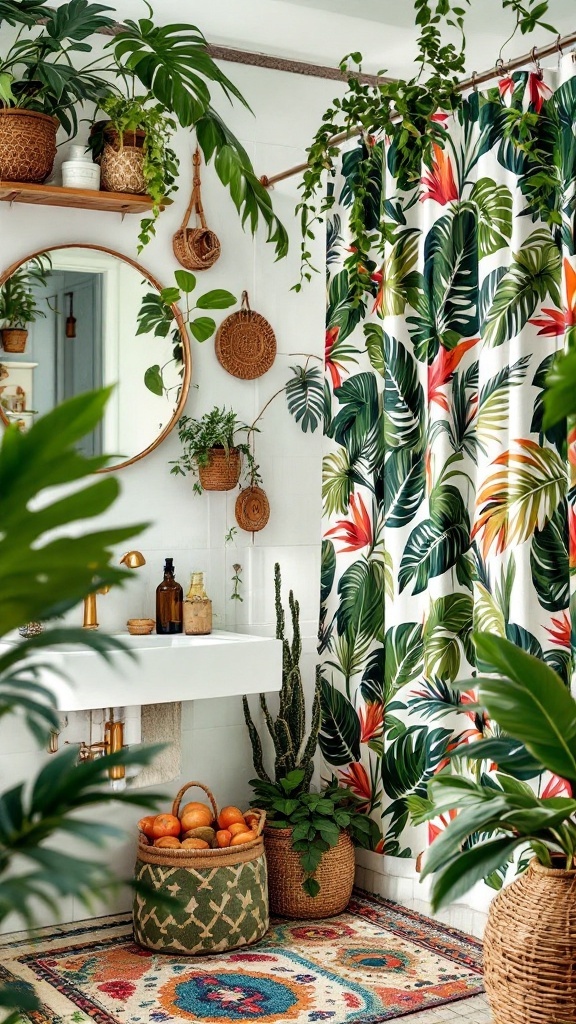 A boho bathroom with tropical decor featuring potted plants, woven baskets, and a colorful shower curtain.