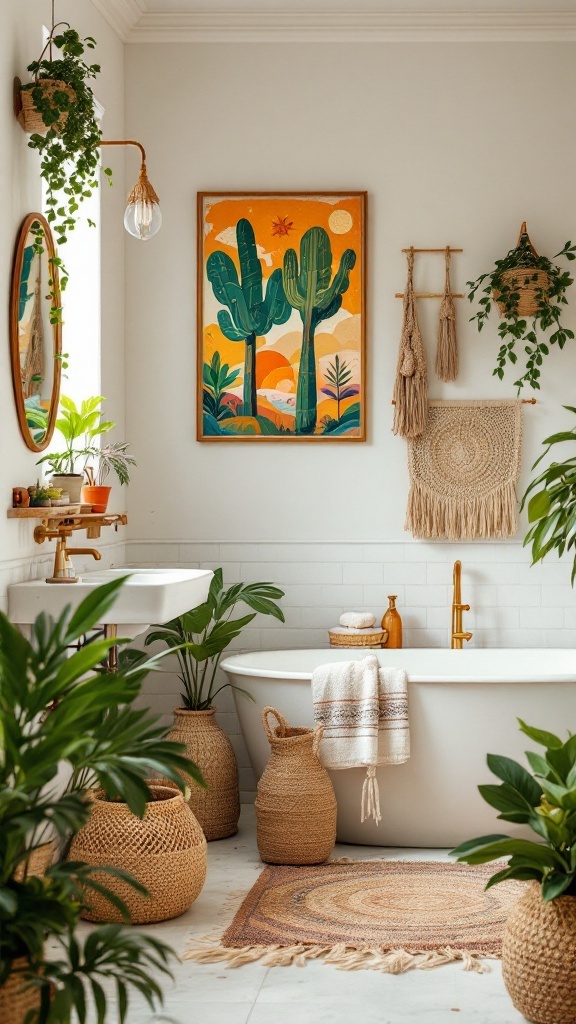 Cozy Boho bathroom featuring colorful artwork, potted plants, and natural decor elements.