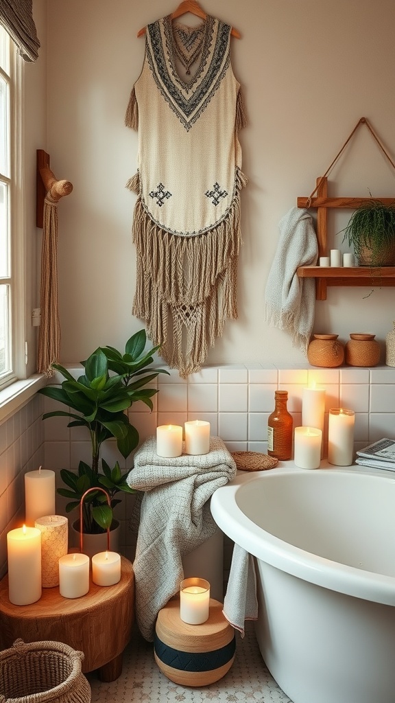 Cozy boho bathroom with candles, macrame wall hanging, and plants.