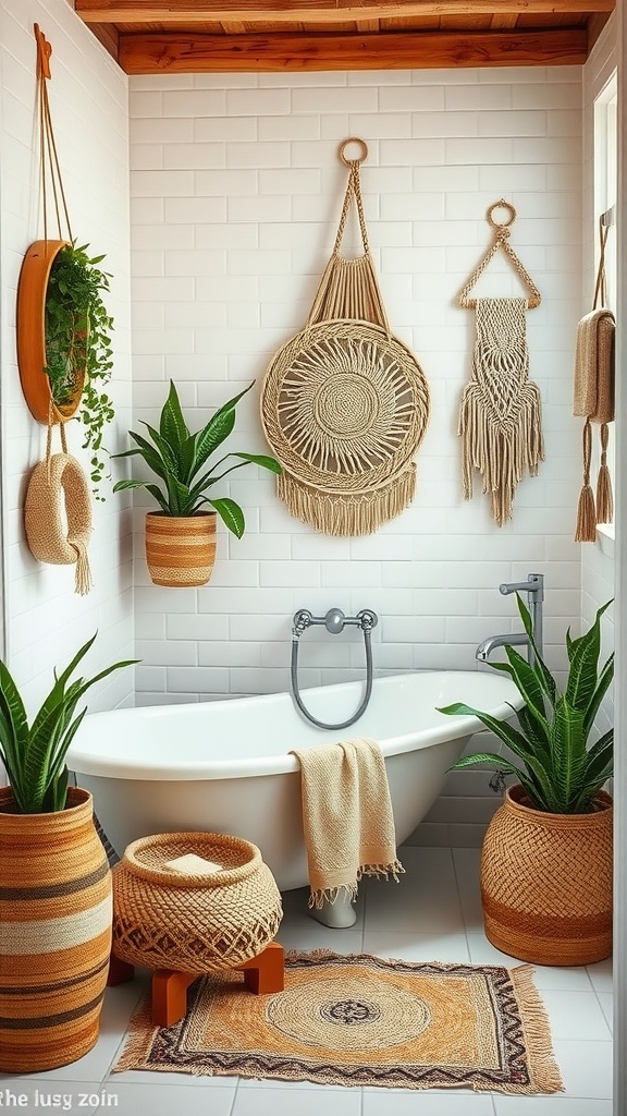 Boho bathroom decor featuring natural fibers, plants, and a white bathtub.