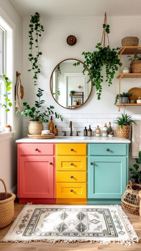 A colorful boho bathroom with painted red and blue cabinets, plants, and woven baskets.