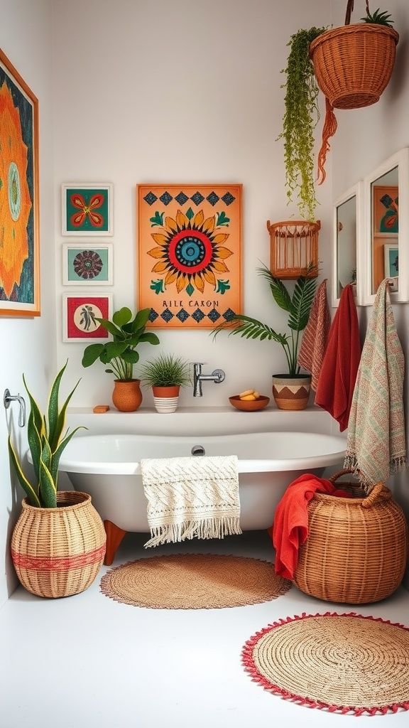 Boho bathroom decor with vibrant prints, plants, and woven baskets.