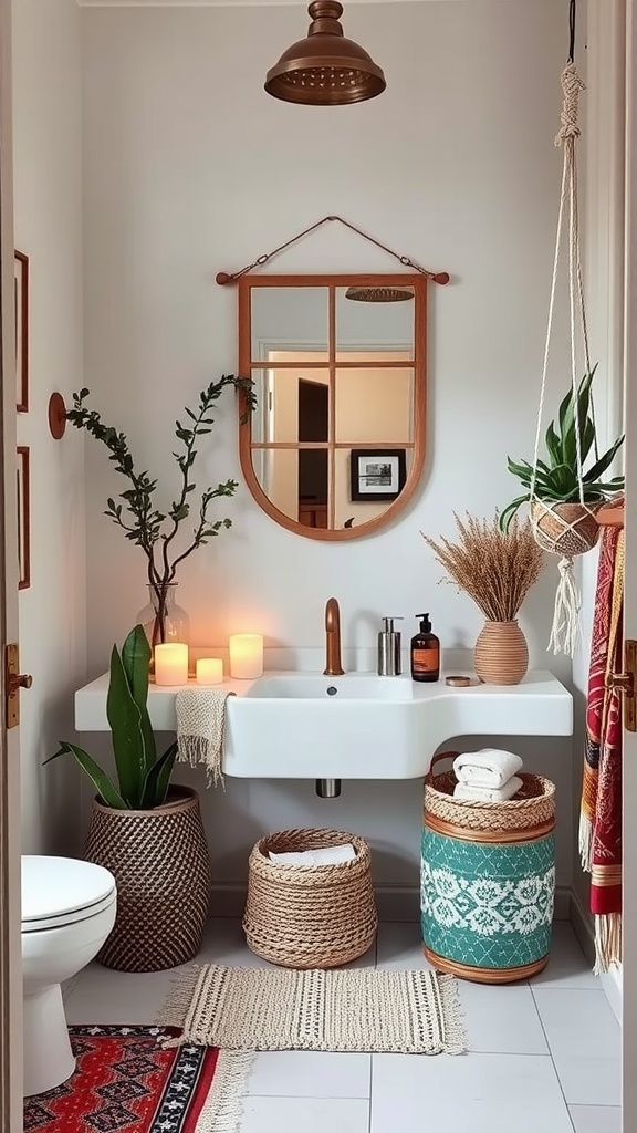 A cozy boho bathroom featuring woven baskets, plants, and a warm salt lamp.
