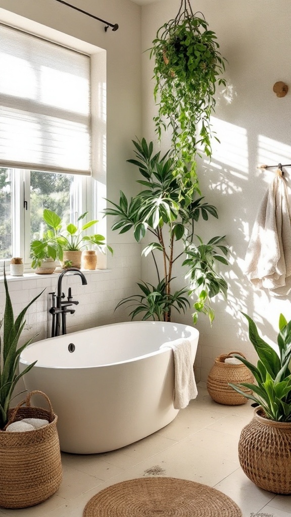 A boho bathroom with plants, woven decor, and natural light