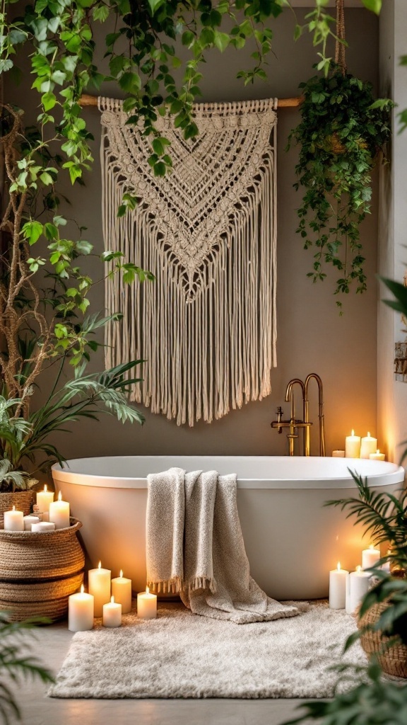 A serene boho bathroom featuring a bathtub surrounded by candles and plants.