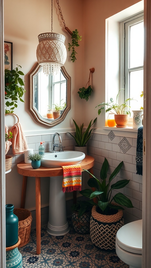 A cozy boho bathroom featuring a wooden sink, colorful towel, plants, and patterned floor tiles.