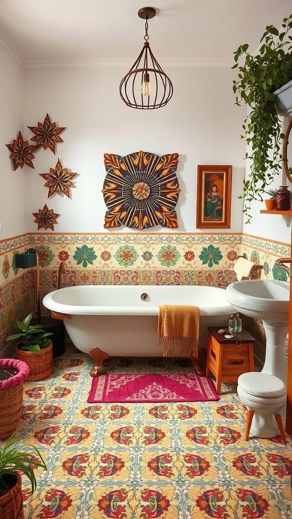 A boho-style bathroom featuring a clawfoot tub, vibrant floor tiles, and eclectic decor.