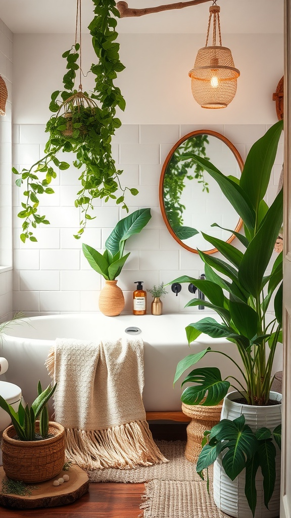 A boho-style bathroom featuring lush plants, a cozy bathtub, and warm lighting.