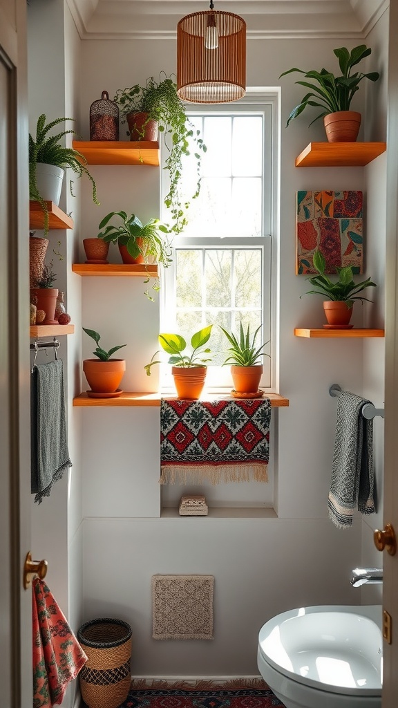 A Boho bathroom featuring orange tiger shelves adorned with potted plants, woven textiles, and a cozy atmosphere.