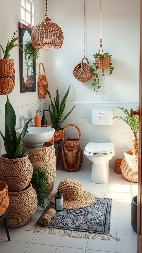 A beautifully styled Boho bathroom with woven baskets, plants, and simple decor.