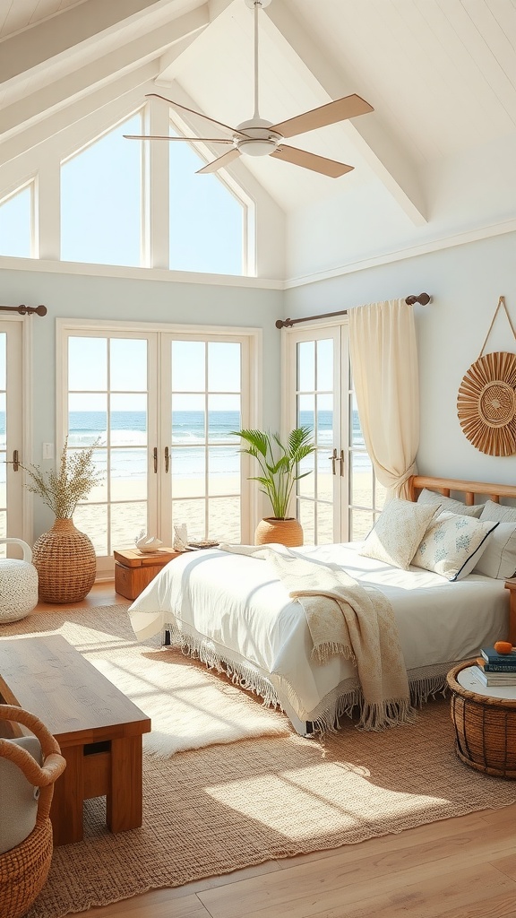 A bright and airy Boho beach house bedroom with large windows, a cozy bed, and natural decor